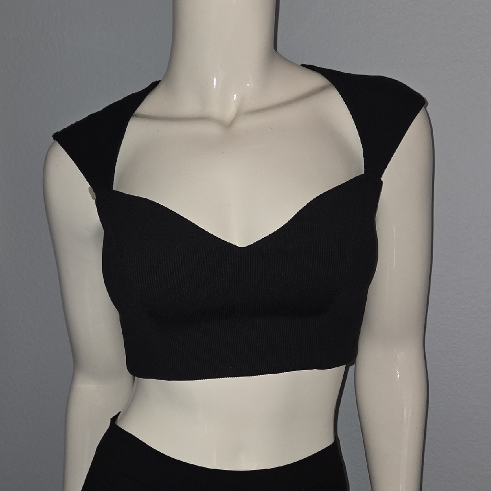 Black Ribbed Crop Top - Women's Sweetheart Neck